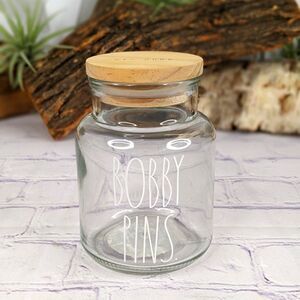 Rae Dunn BOBBY PINS Glass Jar Storage Container with Wooden Lid